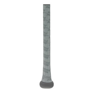 Side view of a gray baseball bat with a repeating Marucci logo grip and a gray end cap.