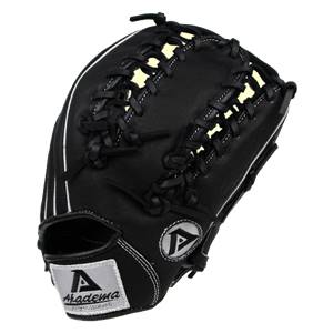 Top-down view of a black baseball glove with white stitching and a silver Akadema Professional logo.