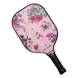 Top-down view of a pink pickleball paddle with a floral pattern and Vera Bradley text.
