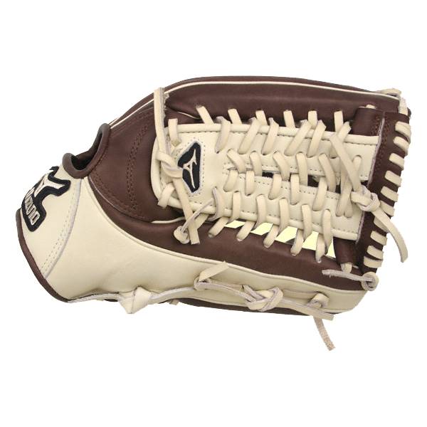 Side view of a brown and cream baseball glove with white lacing and a Mizuno logo.