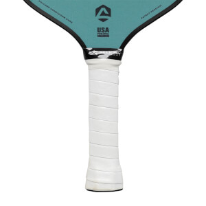 Top-down view of a teal pickleball paddle with a white grip, USA Pickleball Approved logo, and Polymer Honeycomb Core text.