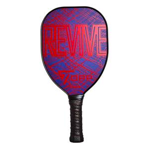 Front view of a blue pickleball paddle with red REVIVE text and a red abstract pattern.