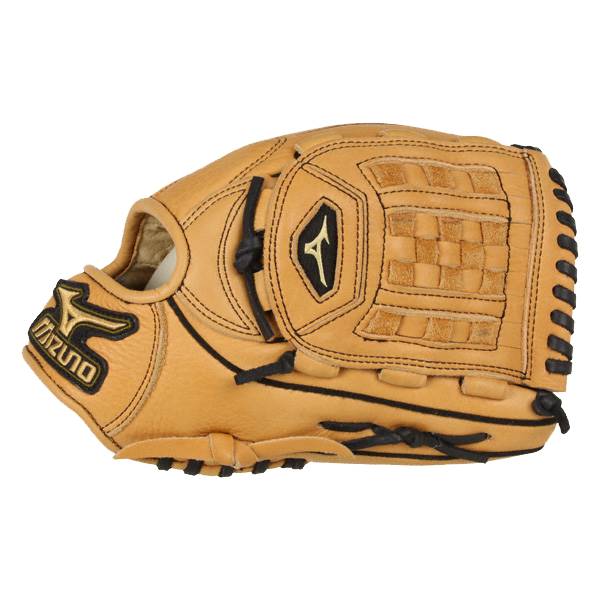 Side view of a tan baseball glove with black lacing and a Mizuno logo.