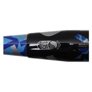 Side view of a black baseball bat with blue and silver camouflage, USSSA 1.15 BPF, and 2013 AP APPROVED markings.