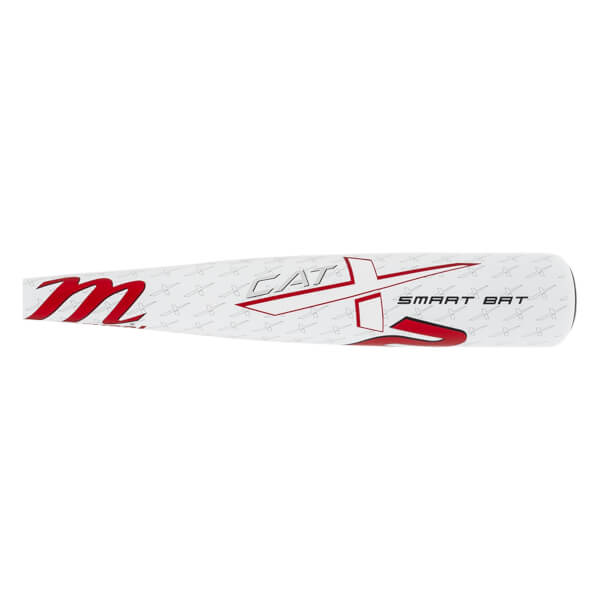 Side close-up view of the white bat barrel featuring a faint gray X pattern, a large red M logo, and CATX SMART BAT in stylized red and black text.