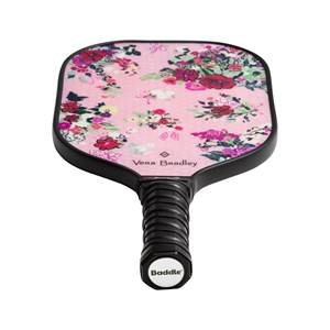 Top-down view of a pink pickleball paddle with a floral pattern, Vera Bradley branding, and a black grip with Baddle logo.