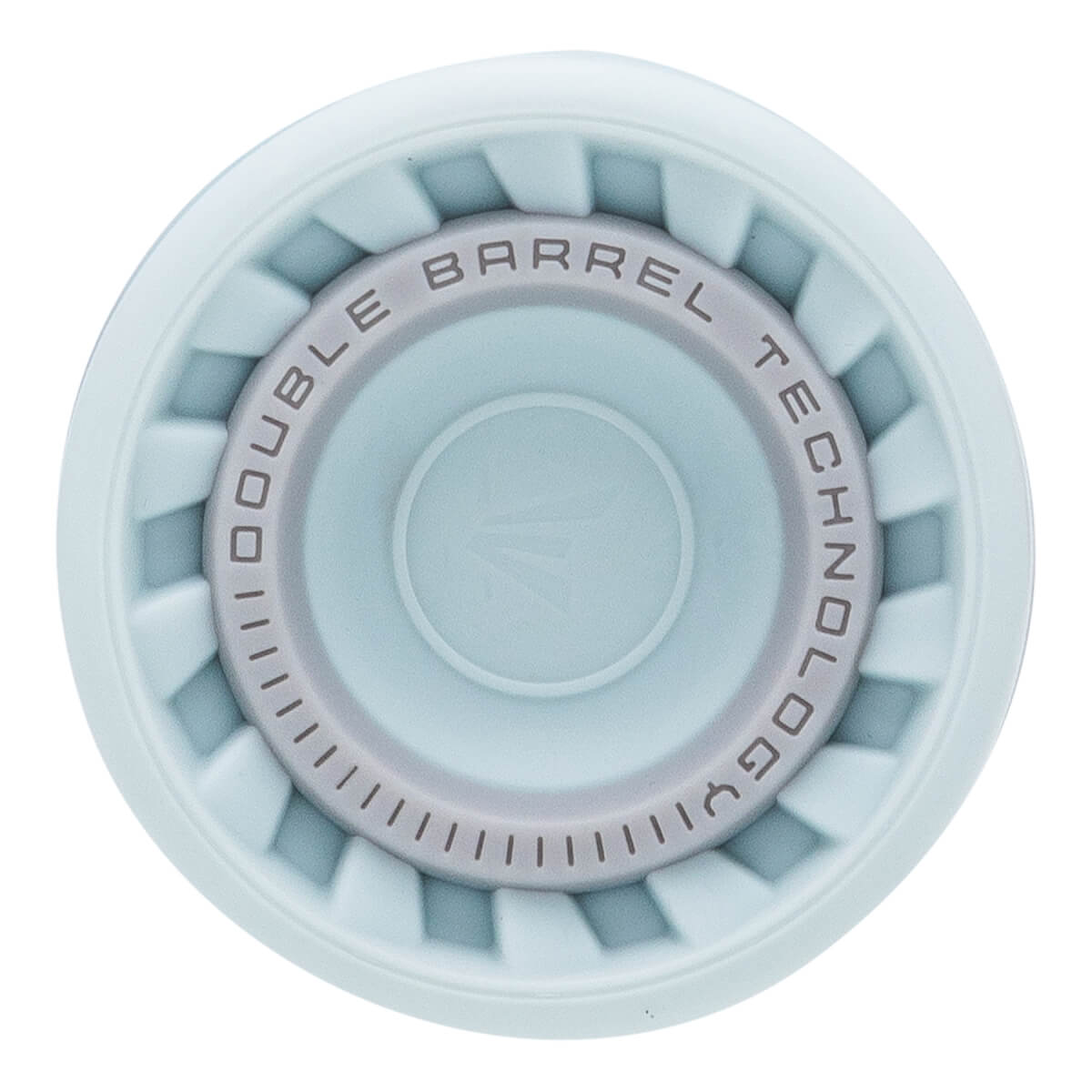 Top-down view of a light blue softball bat end cap with DOUBLE BARREL TECHNOLOGY text, an Easton logo, and a ribbed edge.