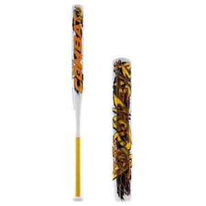 Side view of a white softball bat with yellow and orange COMBAT text and a yellow grip.