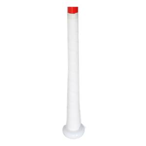 Side view of a white baseball bat with a red cap and white grip tape.