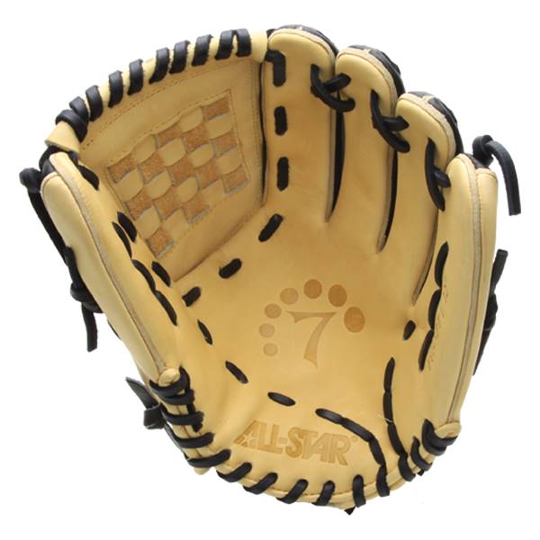 Inside view of a tan baseball glove with black lacing, a checkered palm pad, and ALL-STAR branding.