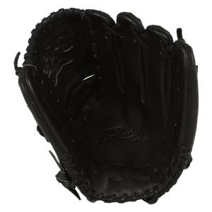 Top-down view of a black baseball glove with Pro Factory embossed on the palm and stitched finger stalls.