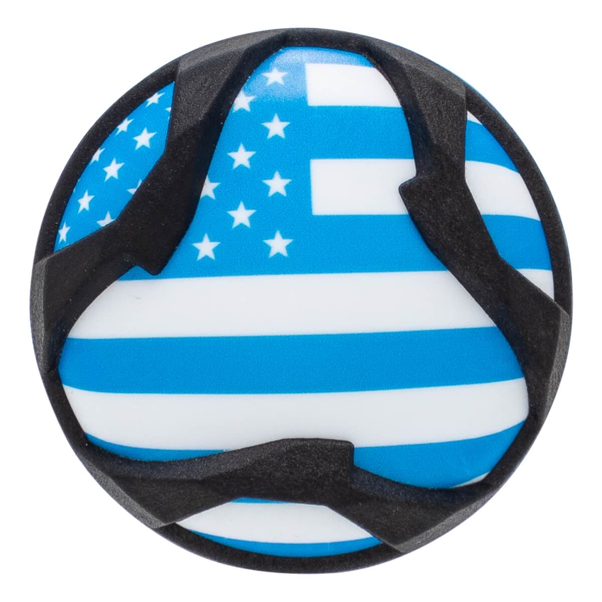 End cap view of a black baseball bat with a blue and white American flag design.
