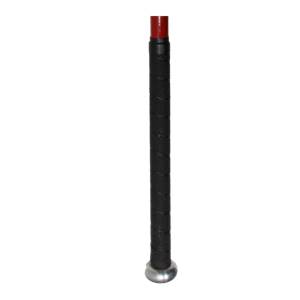 Close-up of a red baseball bat with a black textured grip and silver end cap.