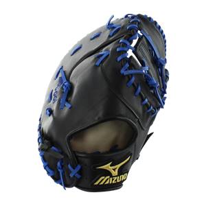 Corner view of a black first base mitt with blue lacing and a gold Mizuno logo.