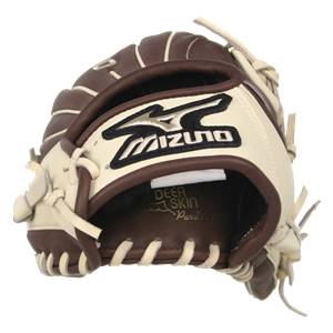 Close-up of a brown and cream baseball glove with Mizuno logo and DEER SKIN text.