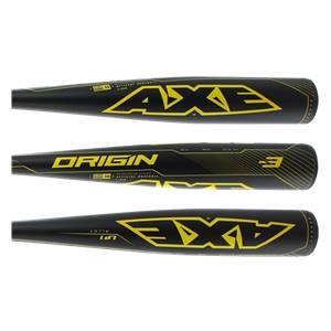 Top-down view of black AXE Origin baseball bats with yellow AXE and Origin branding.