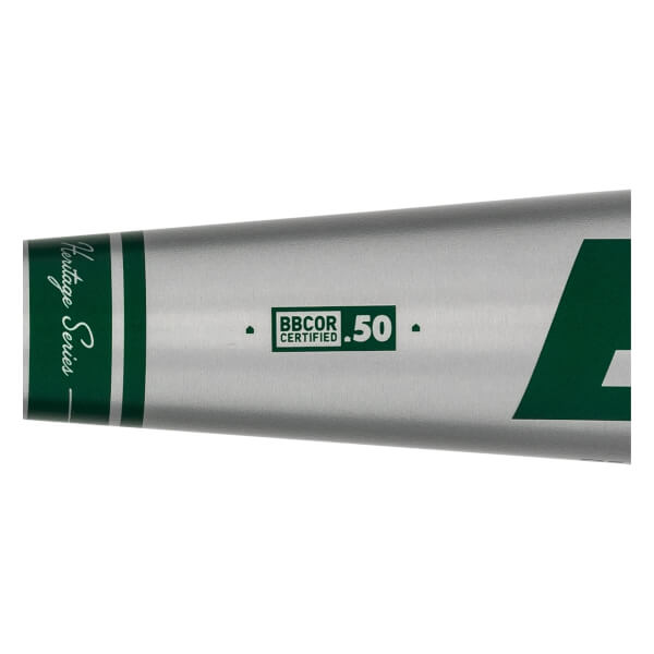 Side view of a silver baseball bat with green Heritage Series text and BBCOR CERTIFIED .50 label.