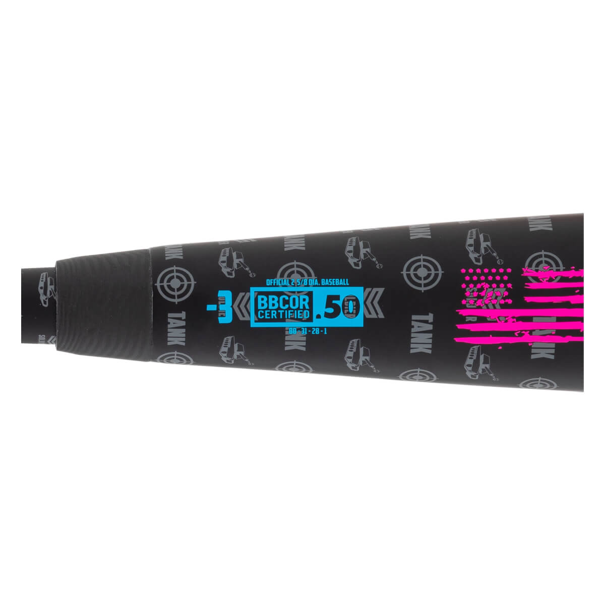 Side view of a black baseball bat with a pink American flag graphic and BBCOR .50 certified logo.