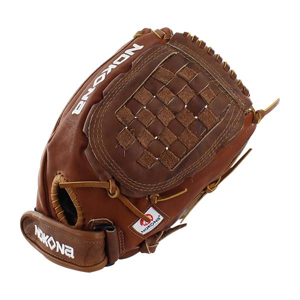 Top-down view of a brown leather baseball glove with a woven pocket and NOKONA branding.