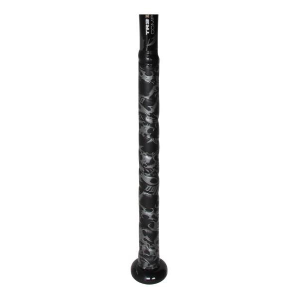 Close-up of a black baseball bat grip with silver skull pattern and TR3 COMP text.