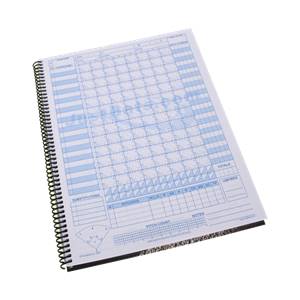 Top-down view of a white baseball scorebook with blue grid lines, pitch count section, and substitutions box.