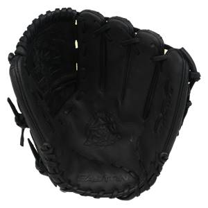 Front view of a black baseball glove with a textured palm and EASTON text.