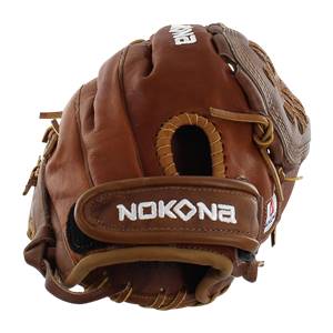 Top-down view of a brown baseball glove with NOKONA branding and tan lacing.