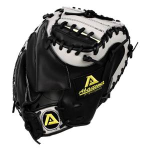 Front view of a black and white catchers mitt with yellow Akadema branding and white stitching.