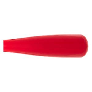 Side view of a red training bat with a smooth, rounded end.