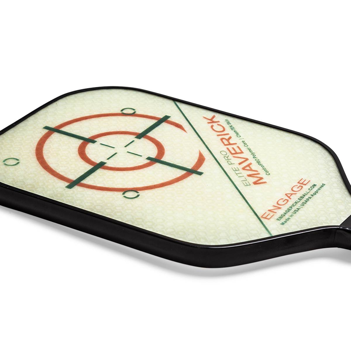 Top-down view of a white pickleball paddle with a red target and green lines, Maverick Elite Pro text.