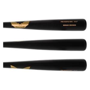 Top view of a black Sam Bat baseball bat with gold logo and text.