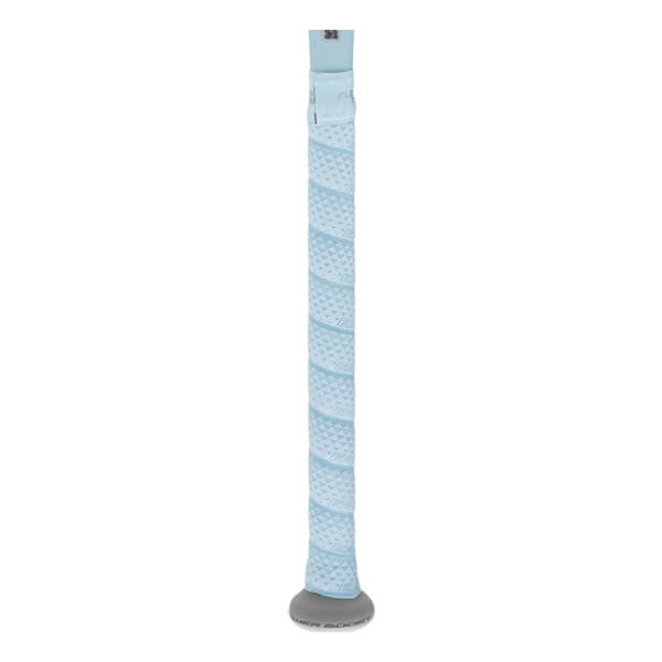 Close-up of the handle and knob featuring light blue textured grip tape and a grey knob with the words "POWER BOOST" visible at the base.