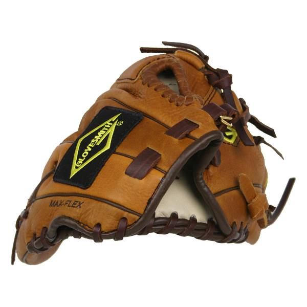 Side view of a brown baseball glove with a yellow GLOVESMITH patch and MAX-FLEX text.