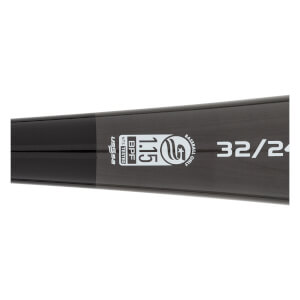 Side view of a black baseball bat with USSSA, BPF 1.15, and 32/24 markings.