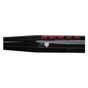Side view of a black slow pitch softball bat with red Miken logo and ASA Certified stamp.