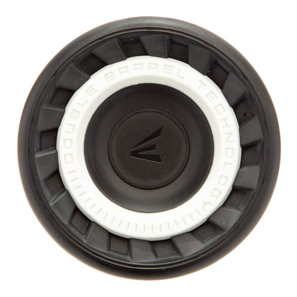 Top-down view of a black fastpitch softball bat end cap with white DOUBLE BARREL TECHNOLOGY text and Easton logo.