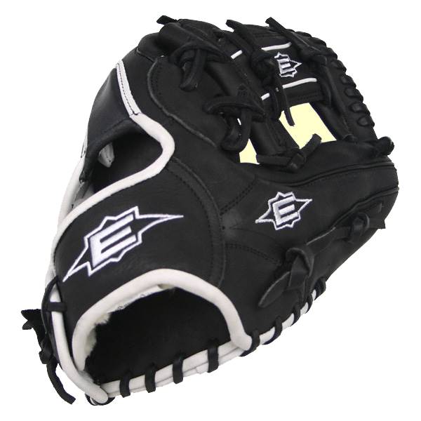 Side view of a black baseball glove with white piping and two E logos.