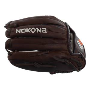 Side view of a brown baseball glove with white NOKONA text and orange and white stripes.