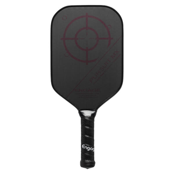 Front view of a black pickleball paddle with a target design, PURSUIT MX, and ENGAGE text.