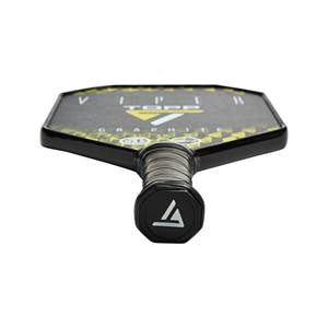 Bottom-down view of a black pickleball paddle with TOPP VIPER GRAPHITE text and a white triangle logo.
