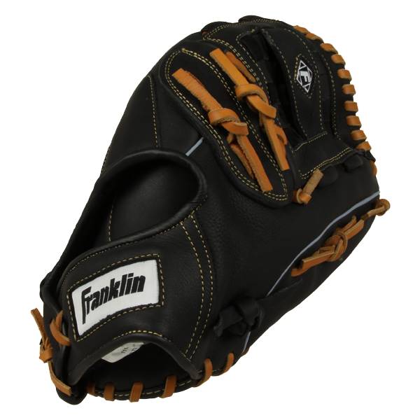 Side view of a black baseball glove with tan lacing and a white Franklin logo.