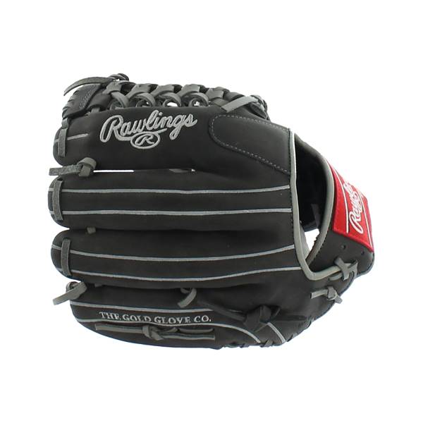 Front view of a black baseball glove with white stitching and Rawlings logo.