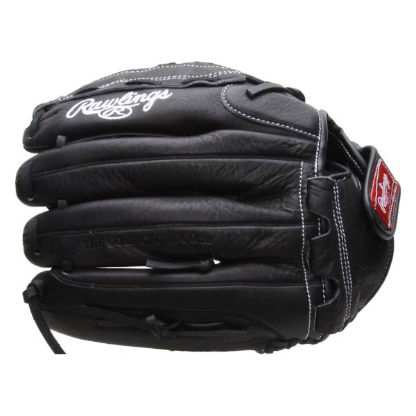 Top-down view of a black Rawlings fastpitch glove with white stitching and a red logo patch.