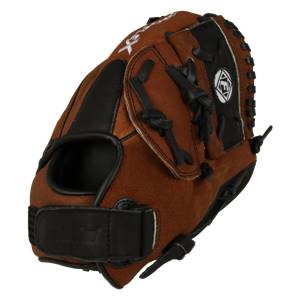 Side view of a brown baseball glove with black accents and a white logo.