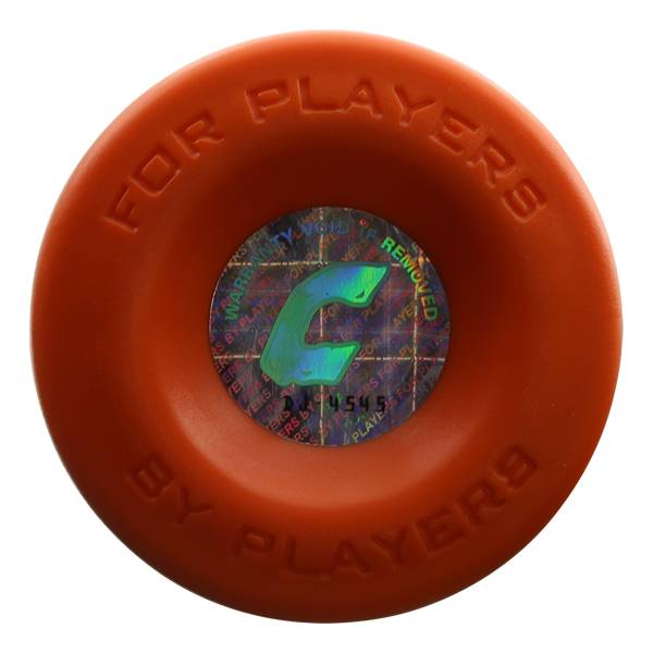 Top-down view of an orange baseball bat end cap with FOR PLAYERS BY PLAYERS text and a holographic warranty sticker.