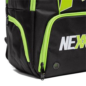 Corner view of a black Nexxed pickleball backpack with lime green trim and white lettering.