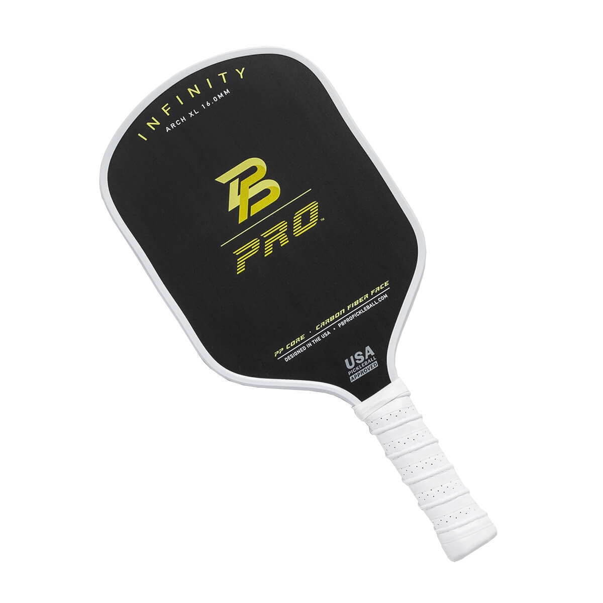 Top-down view of a black pickleball paddle with yellow INFINITY, B PRO., and USA PICKLEBALL APPROVED text.