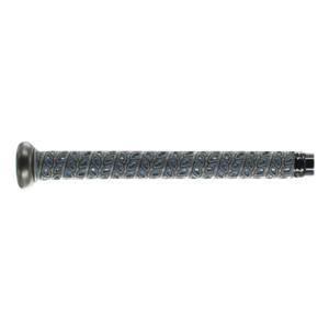 Side view of a gray baseball bat with a textured grip featuring blue diamond patterns.
