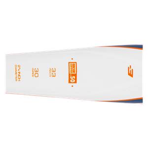 Side view of a white baseball bat with orange accents, showing 2 1/4 INCH DIAMETER, 30 OUNCE, 33 INCH, and BBCOR CERTIFIED .50.