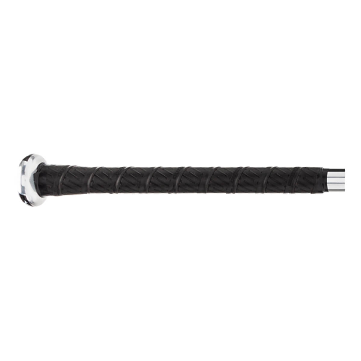 Side view of a black baseball bat with a textured grip and silver end cap.
